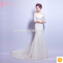 2017 OEM Suzhou Factory fournisseur blanc satin dentelle cristal perlé hors épaule robe de mariée trompette motif